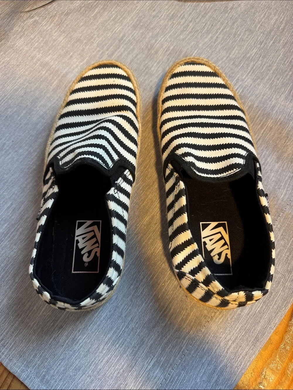 Vans Black & White Striped Espadrille Slip-Ons with Jute Sole